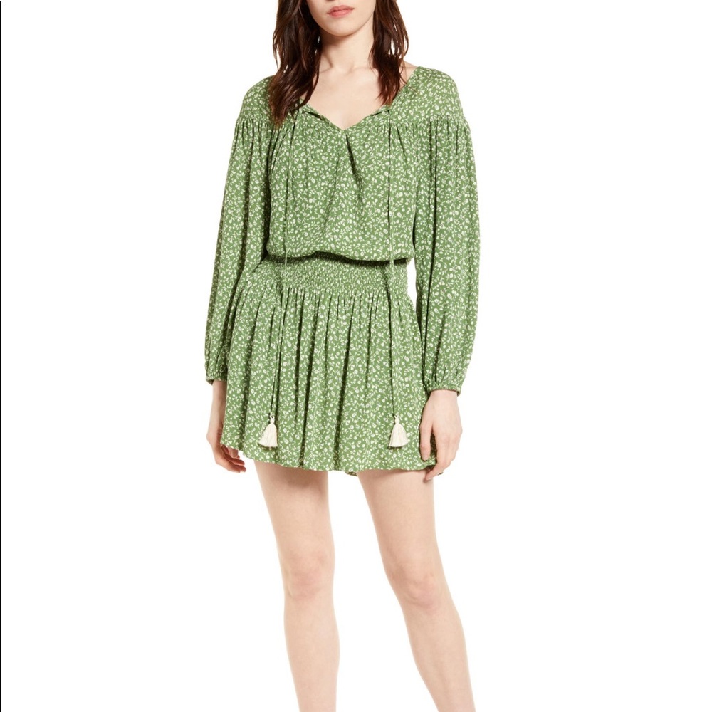 NWT All In Favor Green Floral Smock Waist Long Sleeve Dress SZ XL